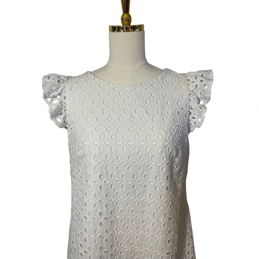 American Living White Eyelet Dress Women's Size 12 Ruffle Cap Sleeve Shift - Picture 6 of 15